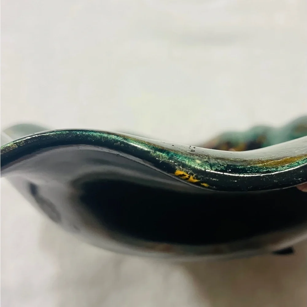 Rare decorative ceramic bowl turquoise/brown wavy edges and shiny finish